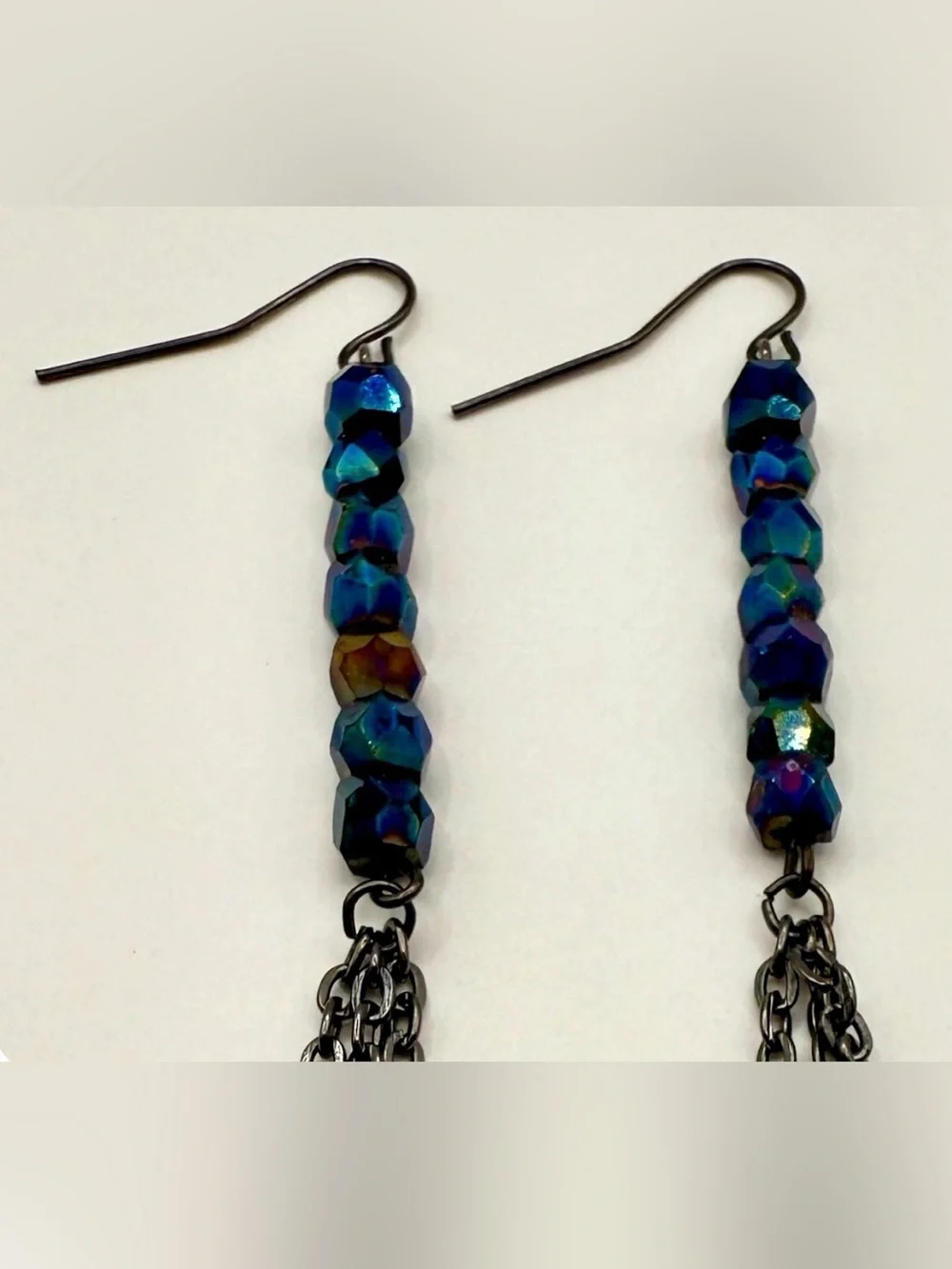 OOAK 4.5”L Vintage Glass Beaded Earrings w/ Gunmetal Chains Custom Handmade